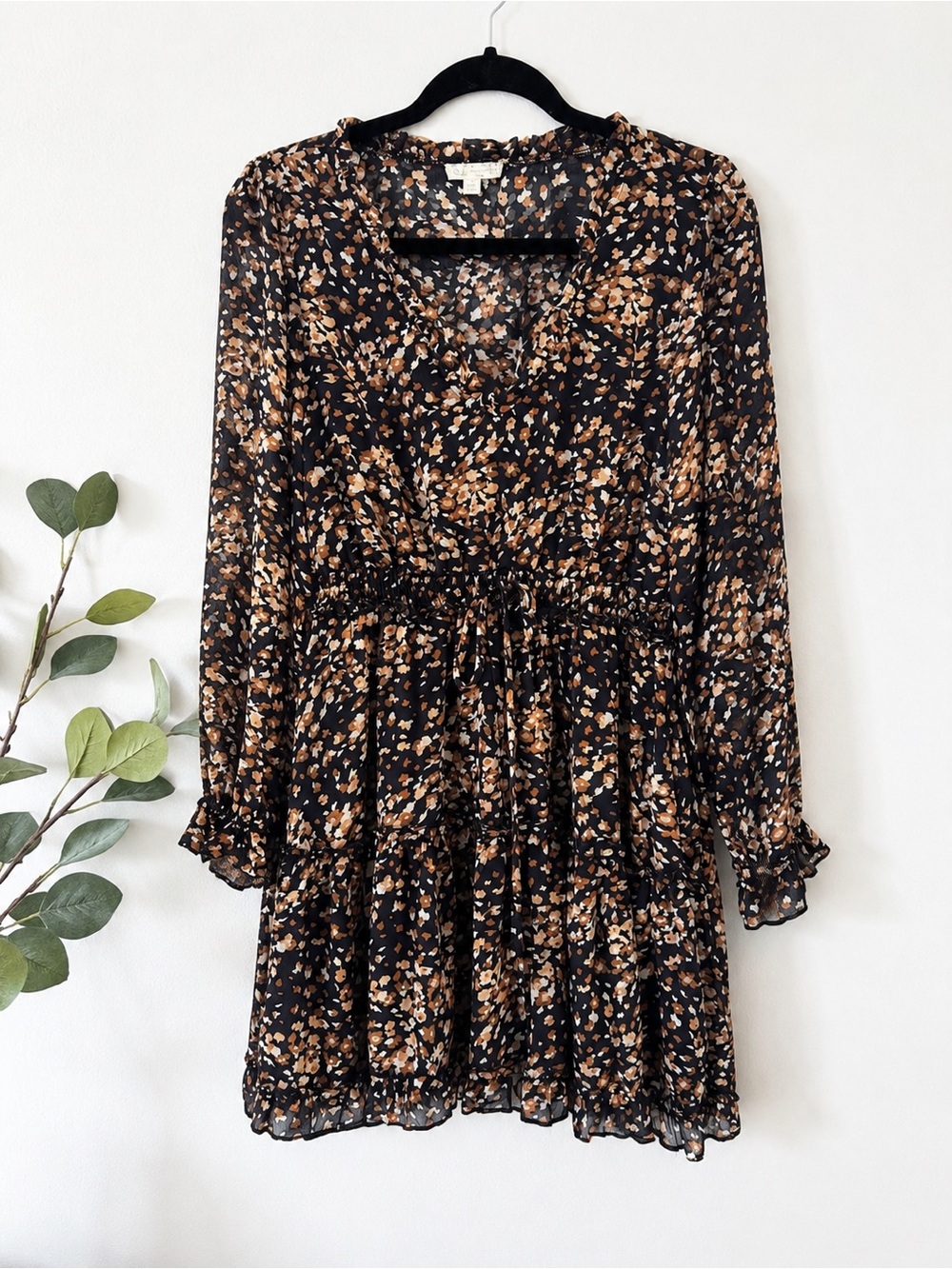 Endless Blu Navy Floral Tiered Long-Sleeve Dress with Brown Print